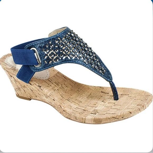 White Mountain ARNETTE Sapphire Blue Rhinestone Thong Toe Cork Wedge Sandals - Picture 1 of 16